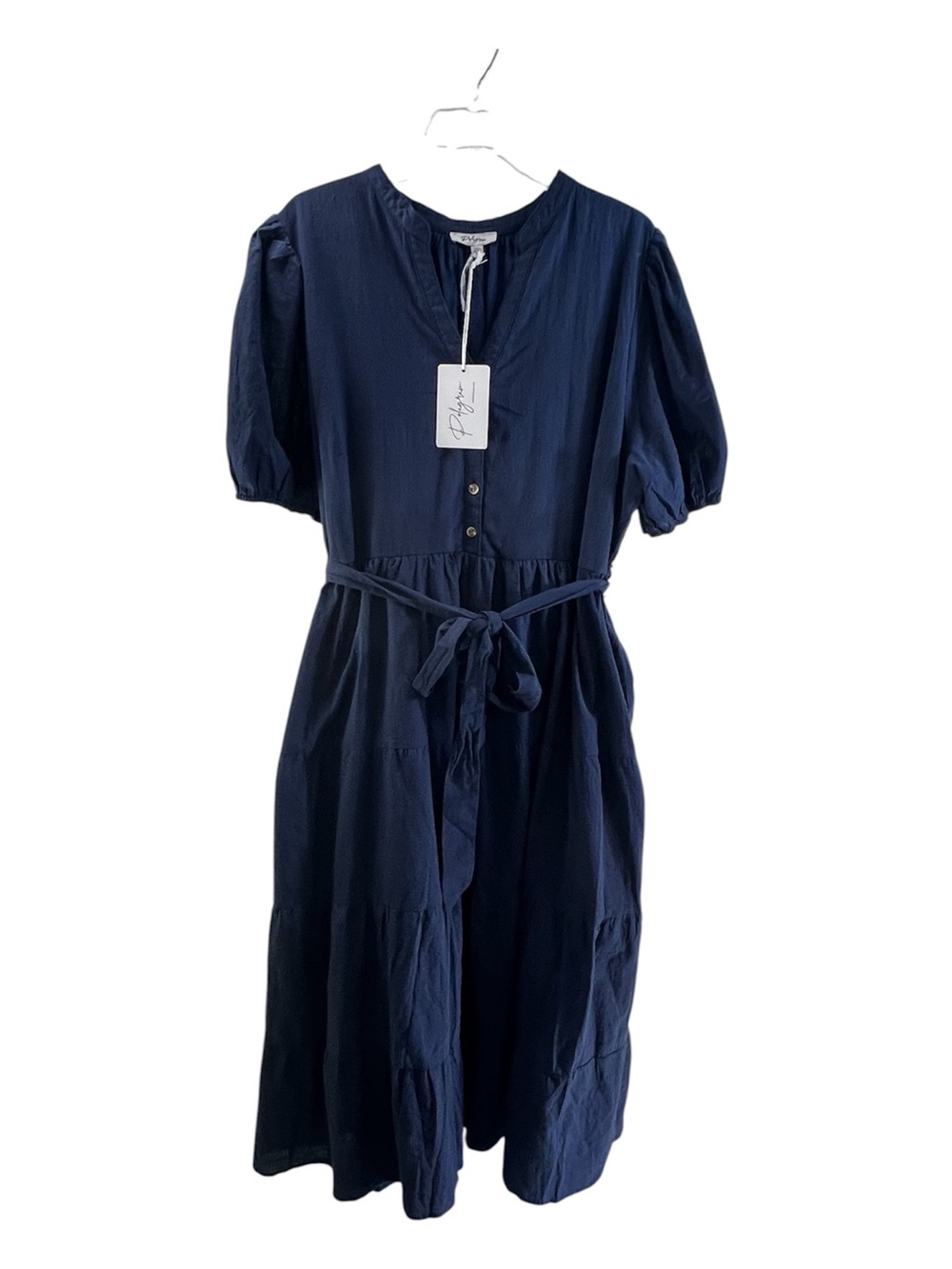 NWT Polagram Navy Blue Tiered Midi Maxi Dress Plus Size 3XL Puff Sleeve Boho